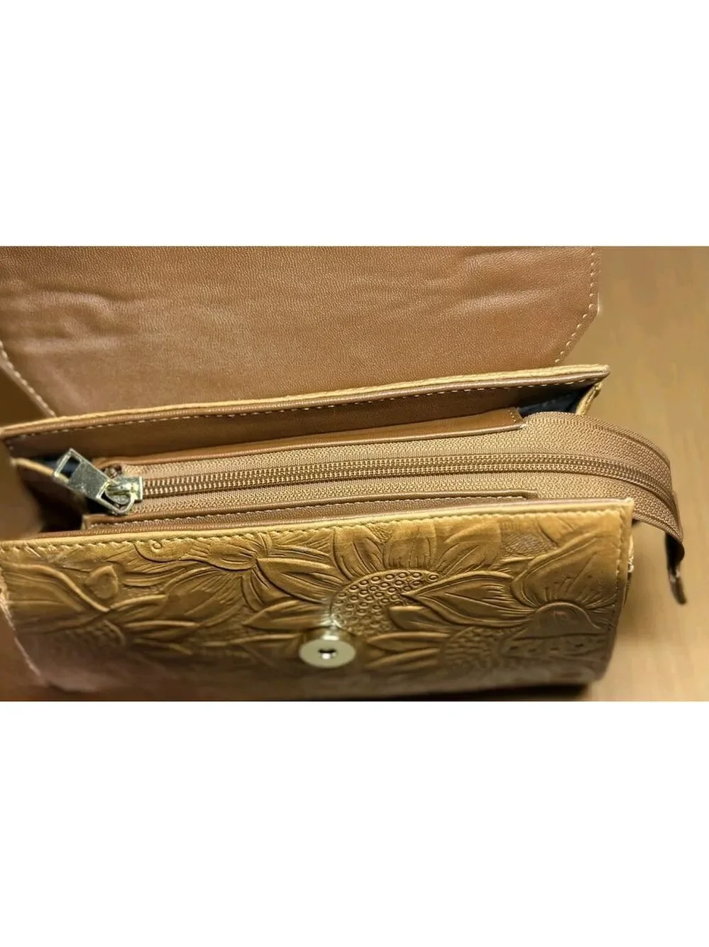 Camel Beige Sunflower Embossed Tooled Artisan LEATHER Crossbody bag Purse